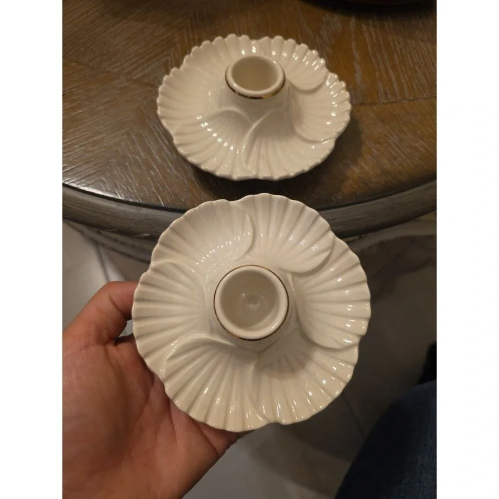 Lenox Shell Candlestick Candle Holders Set of 2 Ivory Gold Trim EUC Elegant
